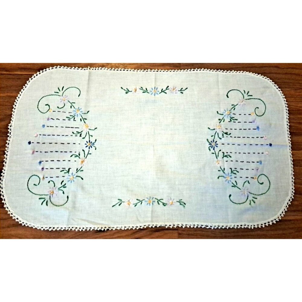 Vintage Embroidered Table Runner Centerpiece Falling Flower Petals Cottage 25x14